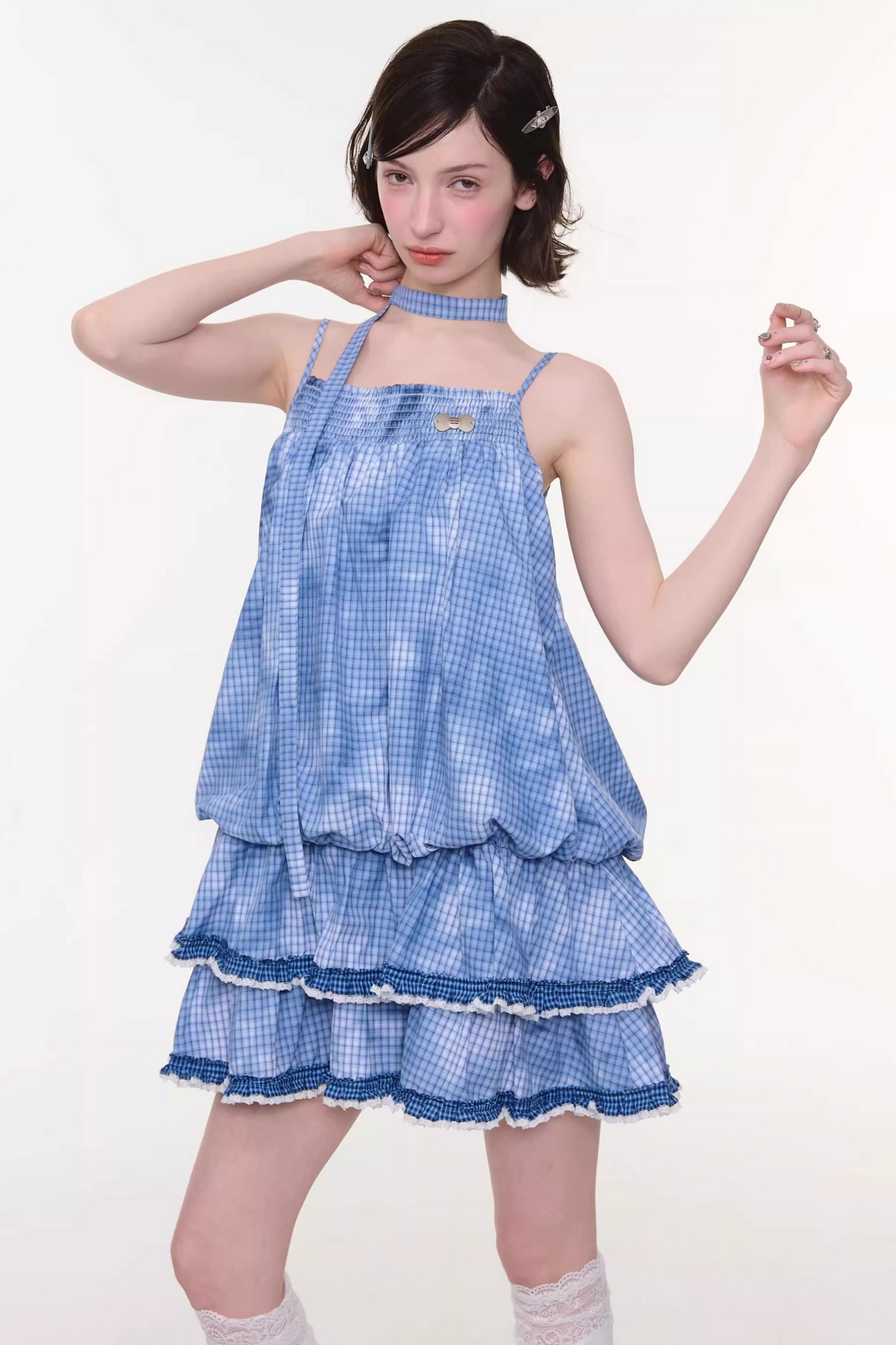 Tie-dye Blue Plaid Lace Dress