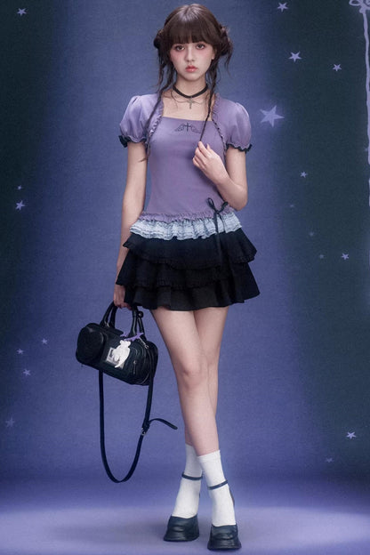 Purple Lace Puff Sleeve Top