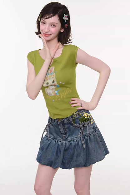 Green Rabbit Print V-neck Top