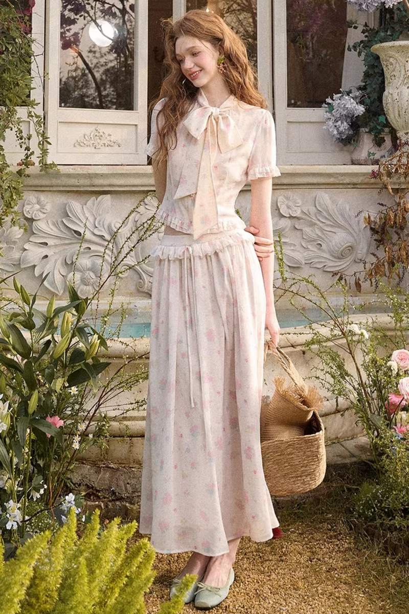 Mediterranean Print Chiffon Top + Skirt