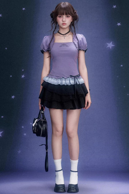 Purple Lace Puff Sleeve Top