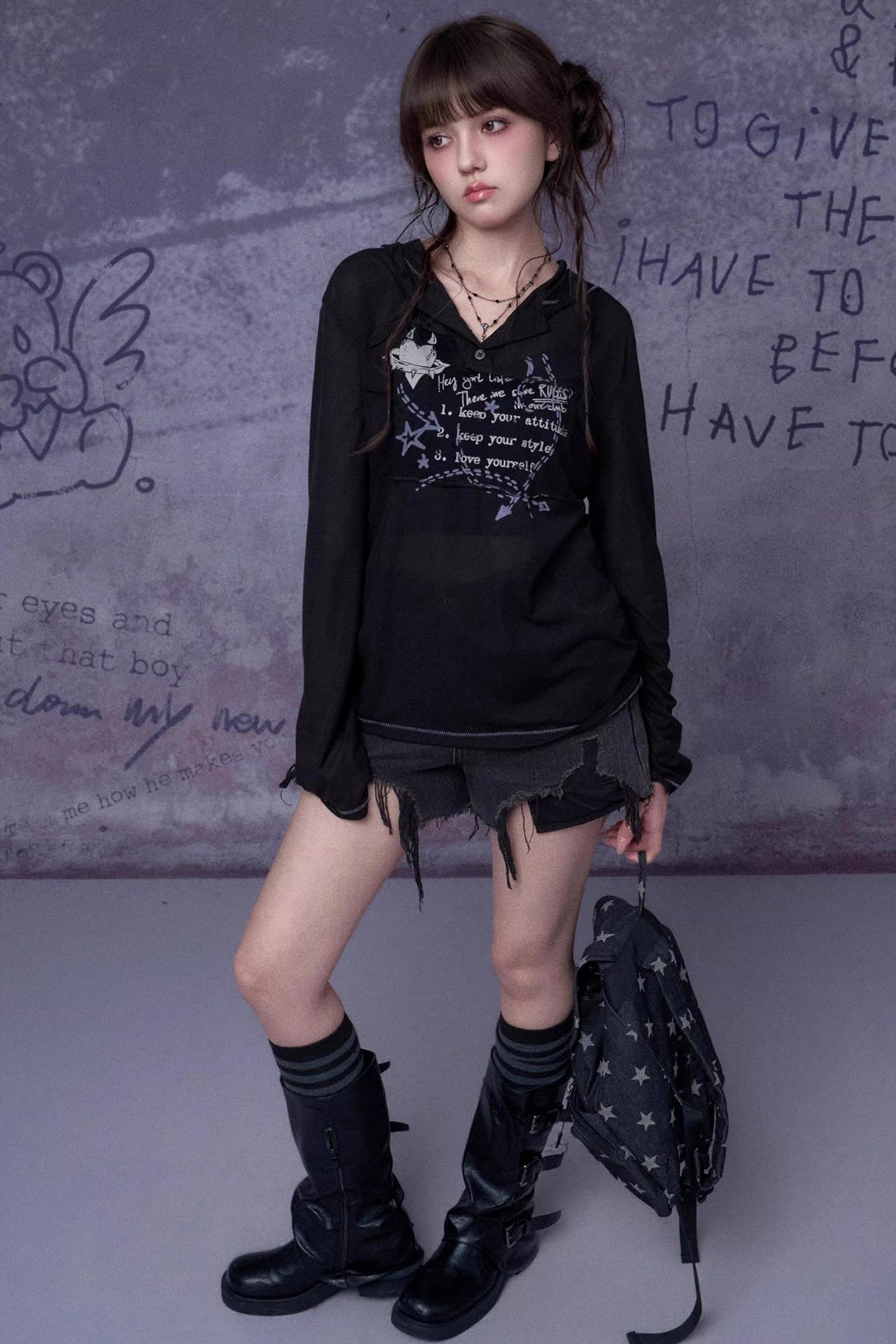 Mesh Graffiti Hooded Top