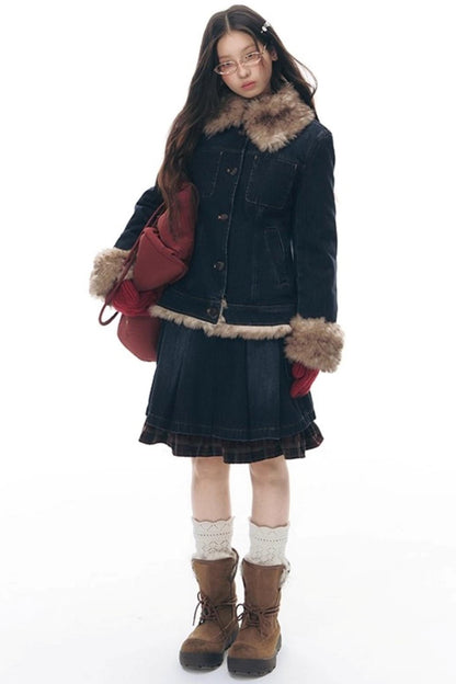 Fur Collar Denim Jacket + Skirt