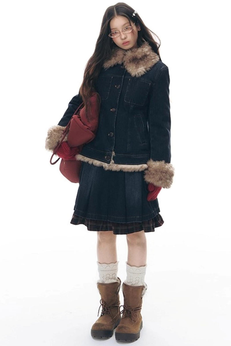 Fur Collar Denim Jacket + Skirt