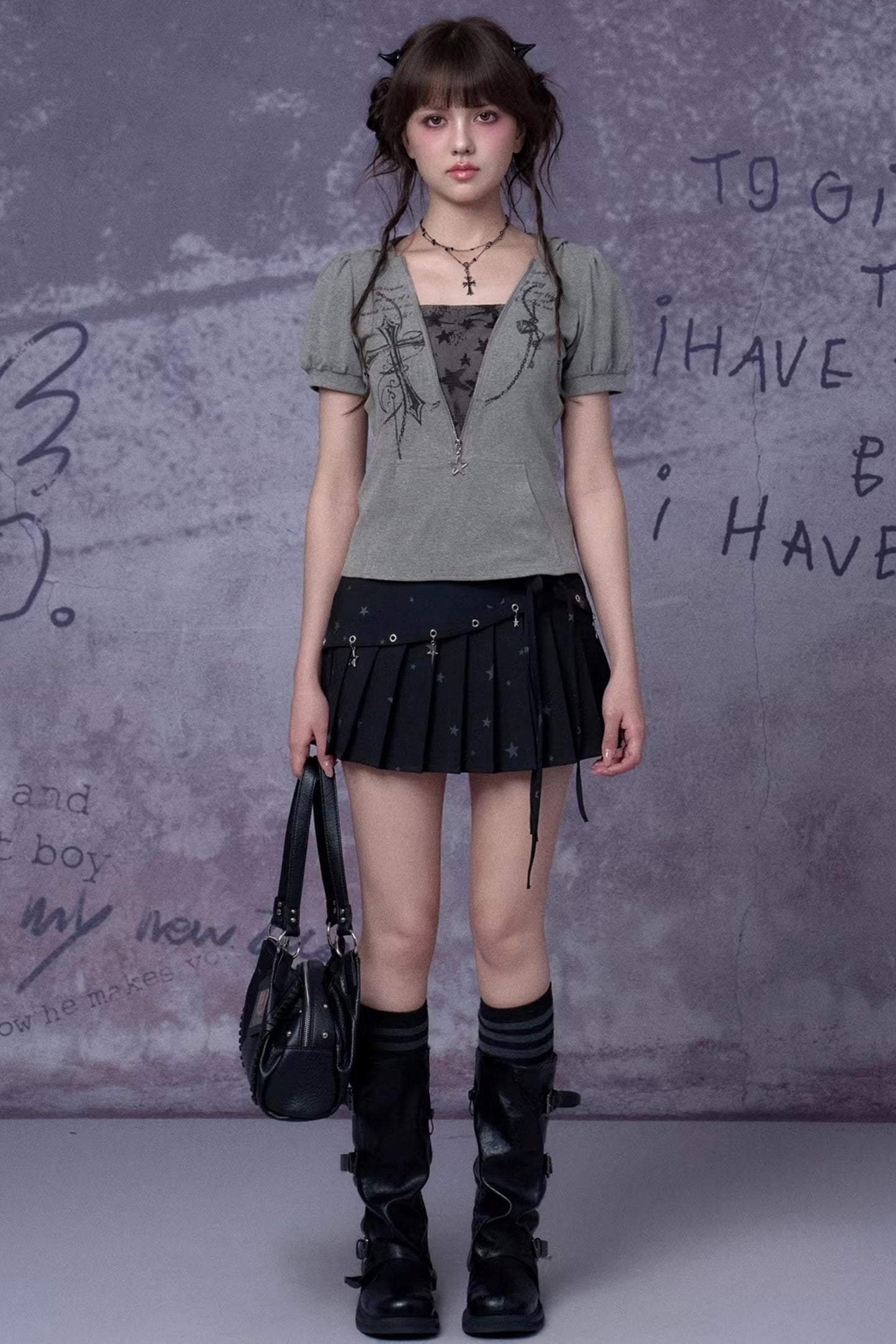 Gray Cross Hooded Top