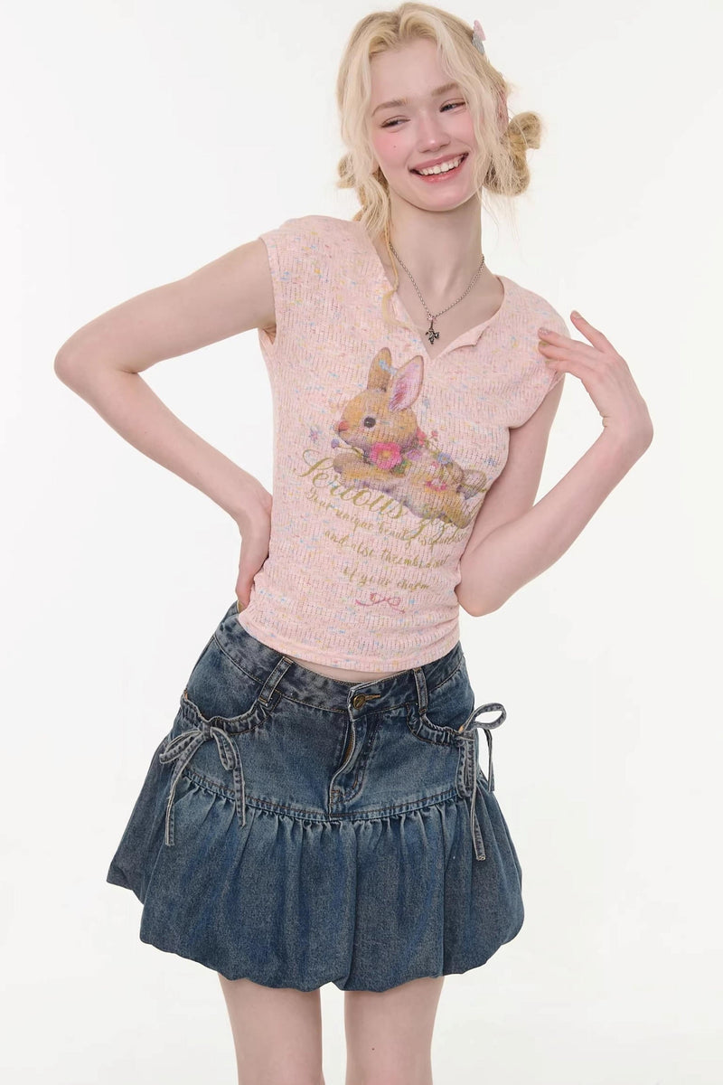 Pink Rabbit Print Slim Top