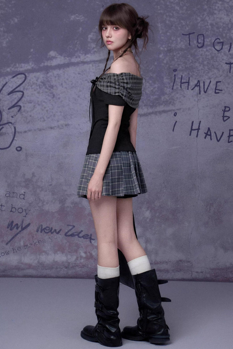 Pleated Bow Knot One-shoulder Top + Skirt