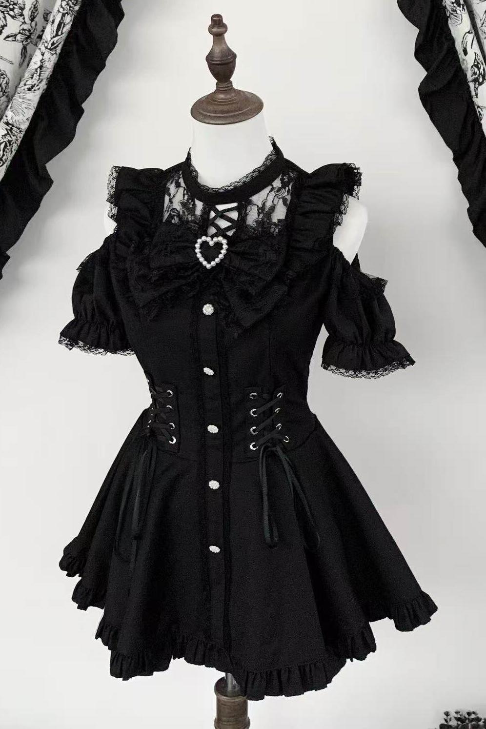 Black / Striped Gothic Lace Ribbon Dress Set