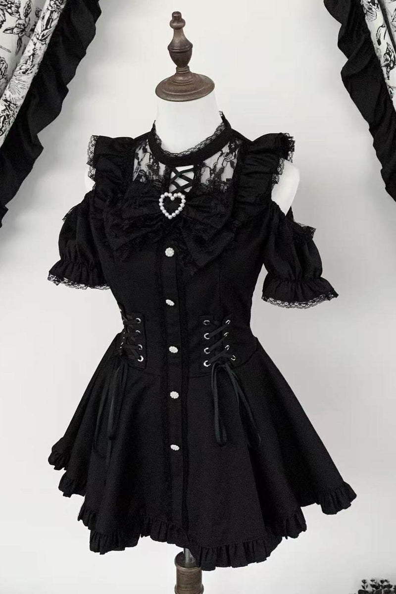 Black / Striped Gothic Lace Ribbon Dress Set