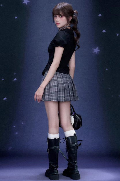 Plaid Graffiti Pleated Skirt + Top