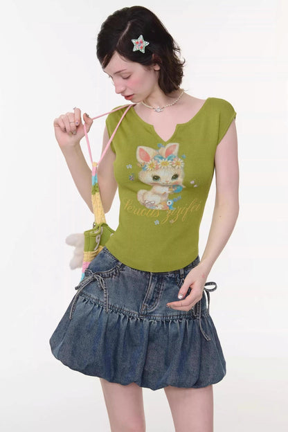 Green Rabbit Print V-neck Top