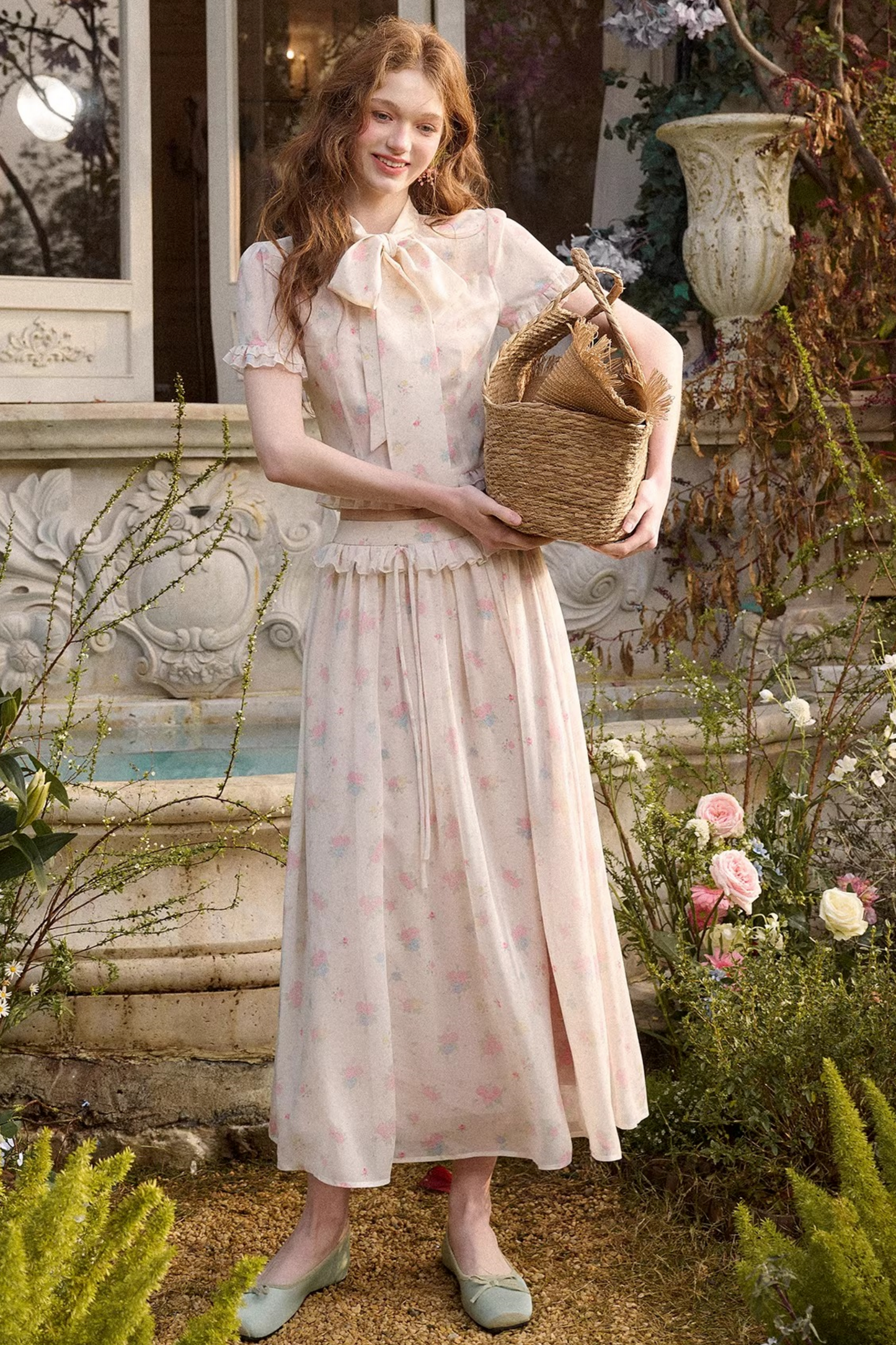 Mediterranean Print Chiffon Top + Skirt