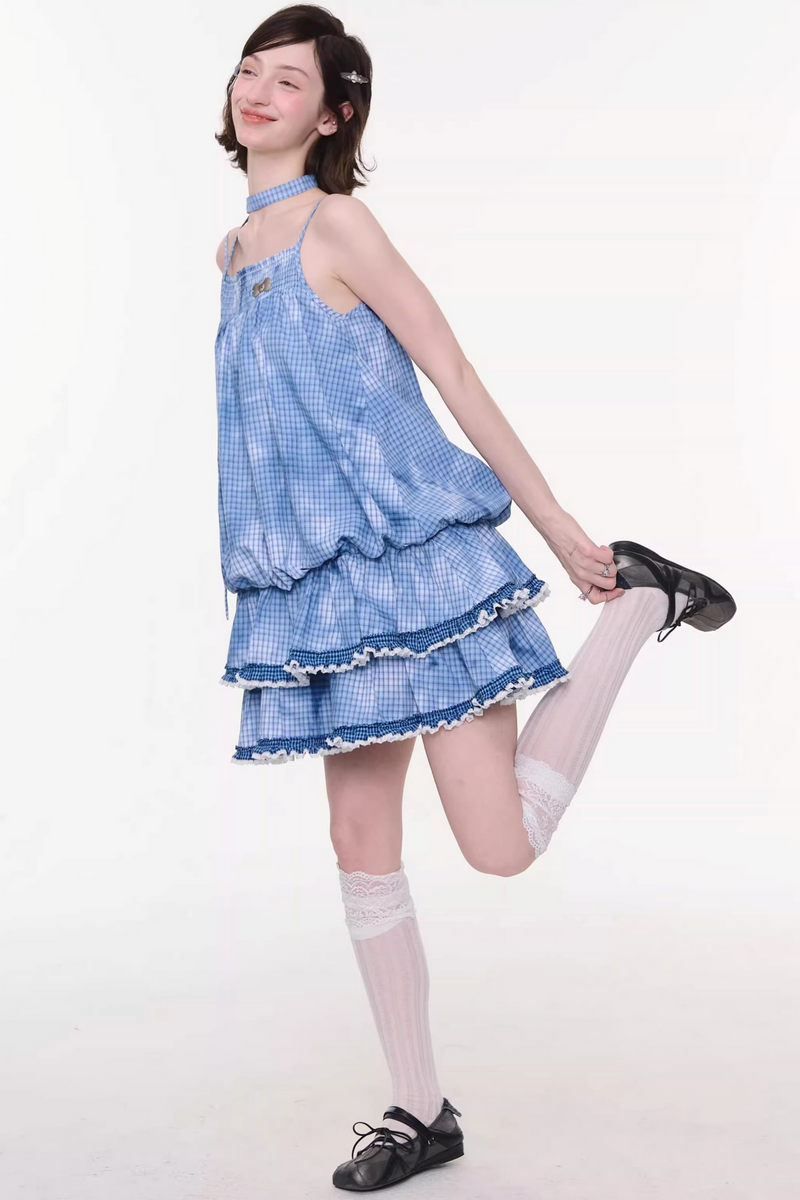 Tie-dye Blue Plaid Lace Dress