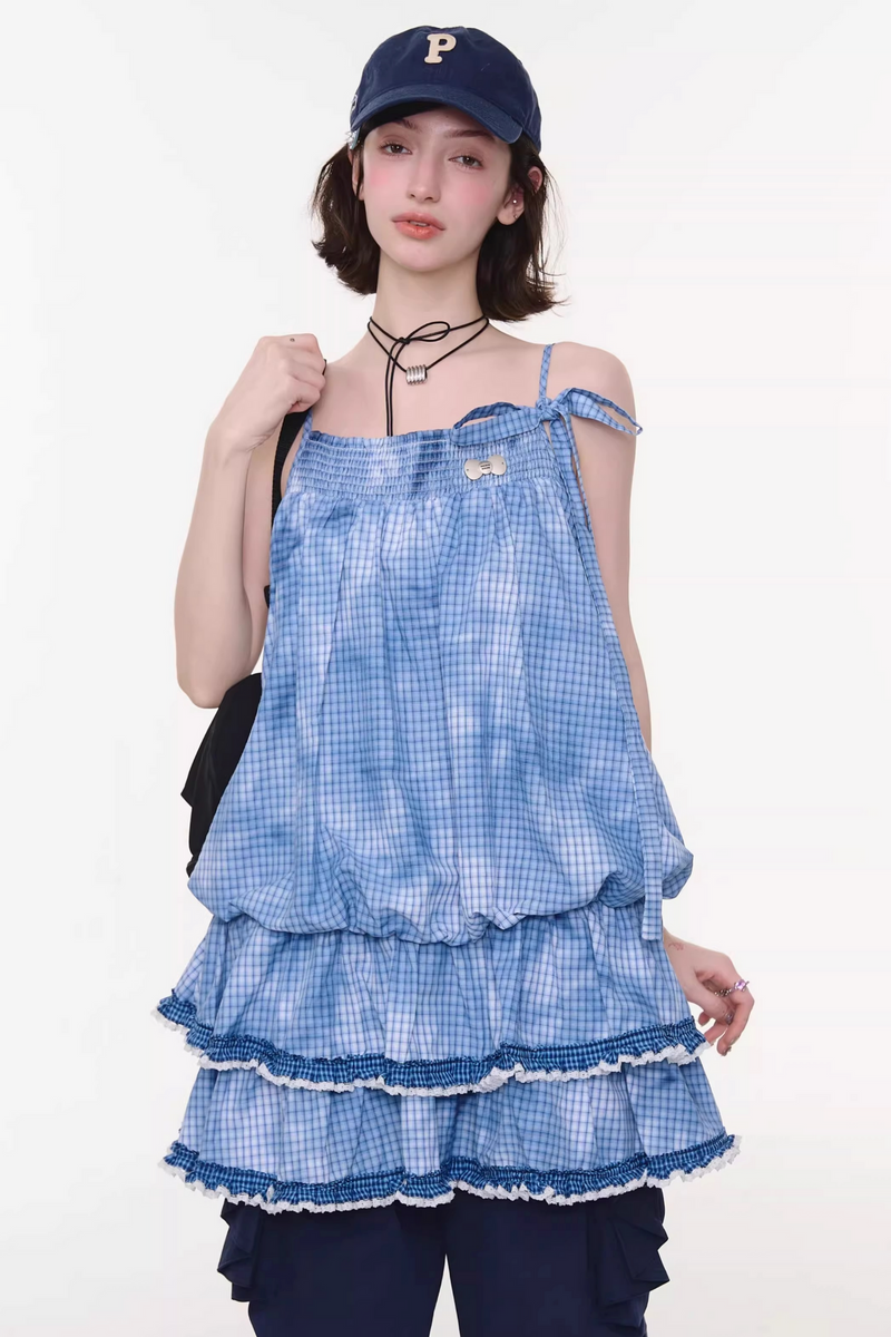 Tie-dye Blue Plaid Lace Dress