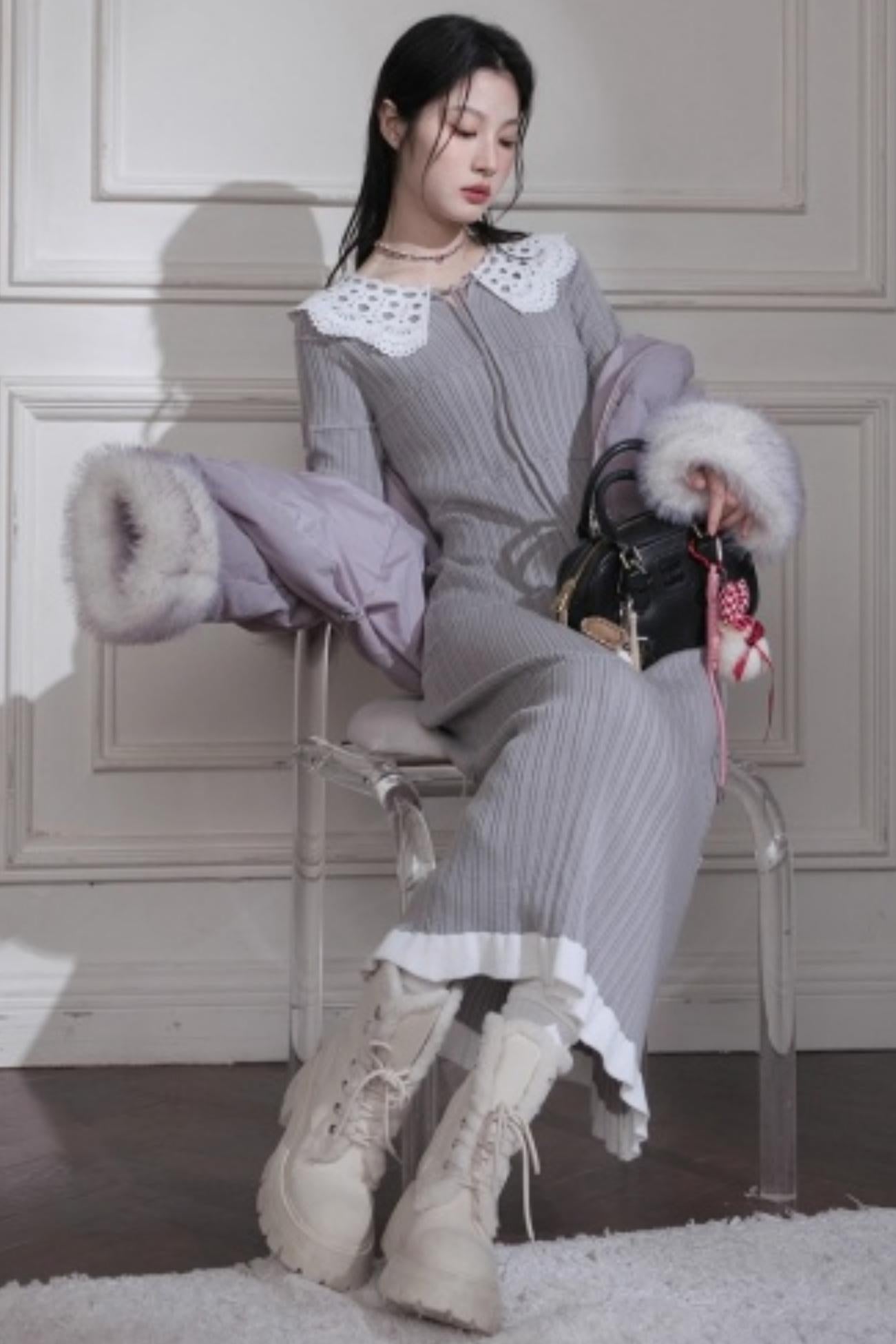 Sichuan Mist Gray Ruffle Long Dress