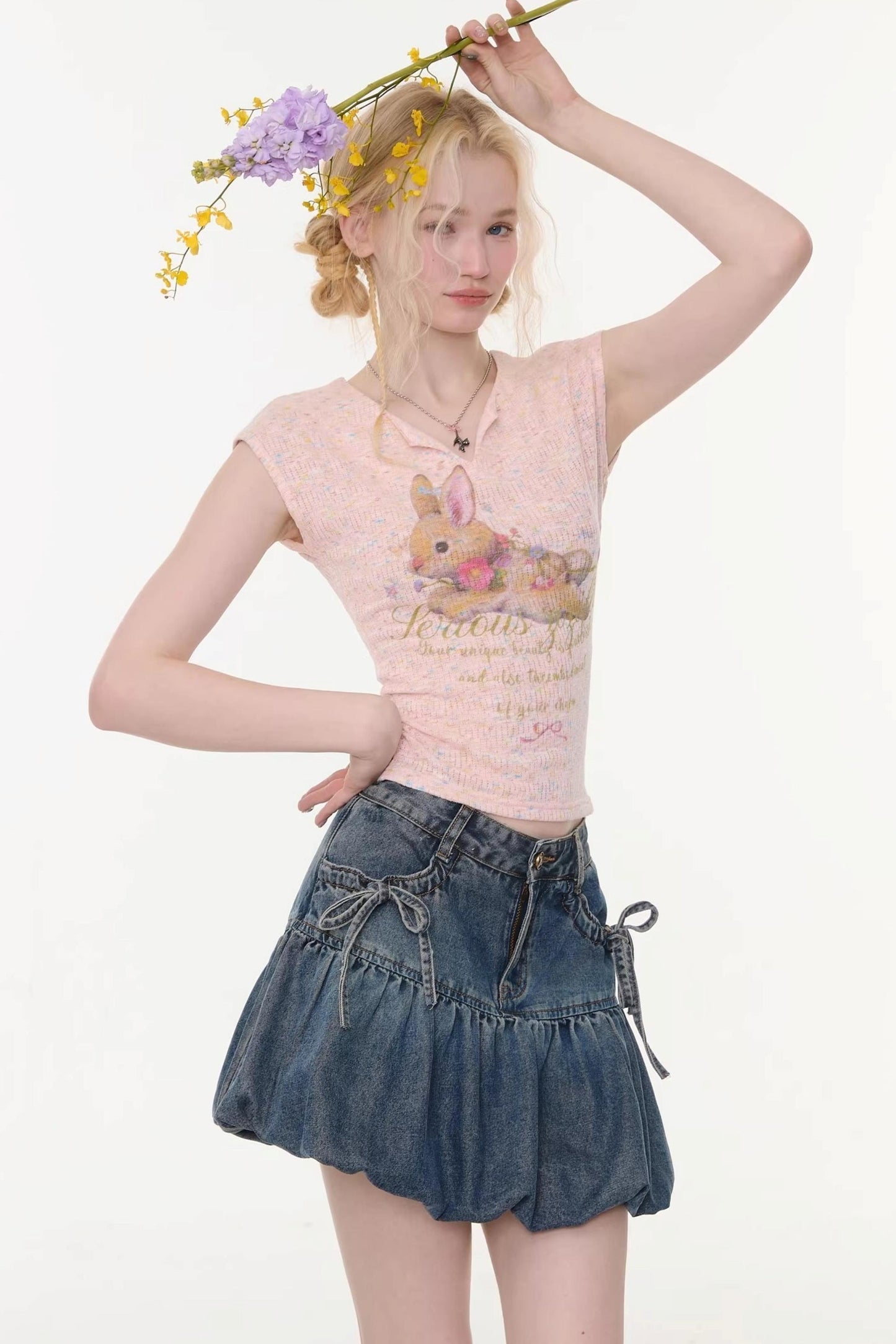 Pink Rabbit Print Slim Top