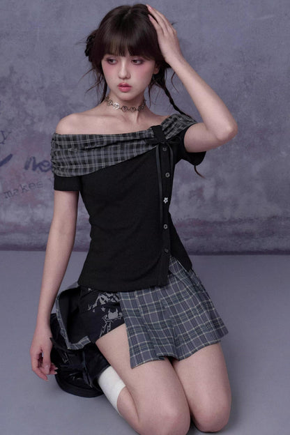 Pleated Bow Knot One-shoulder Top + Skirt