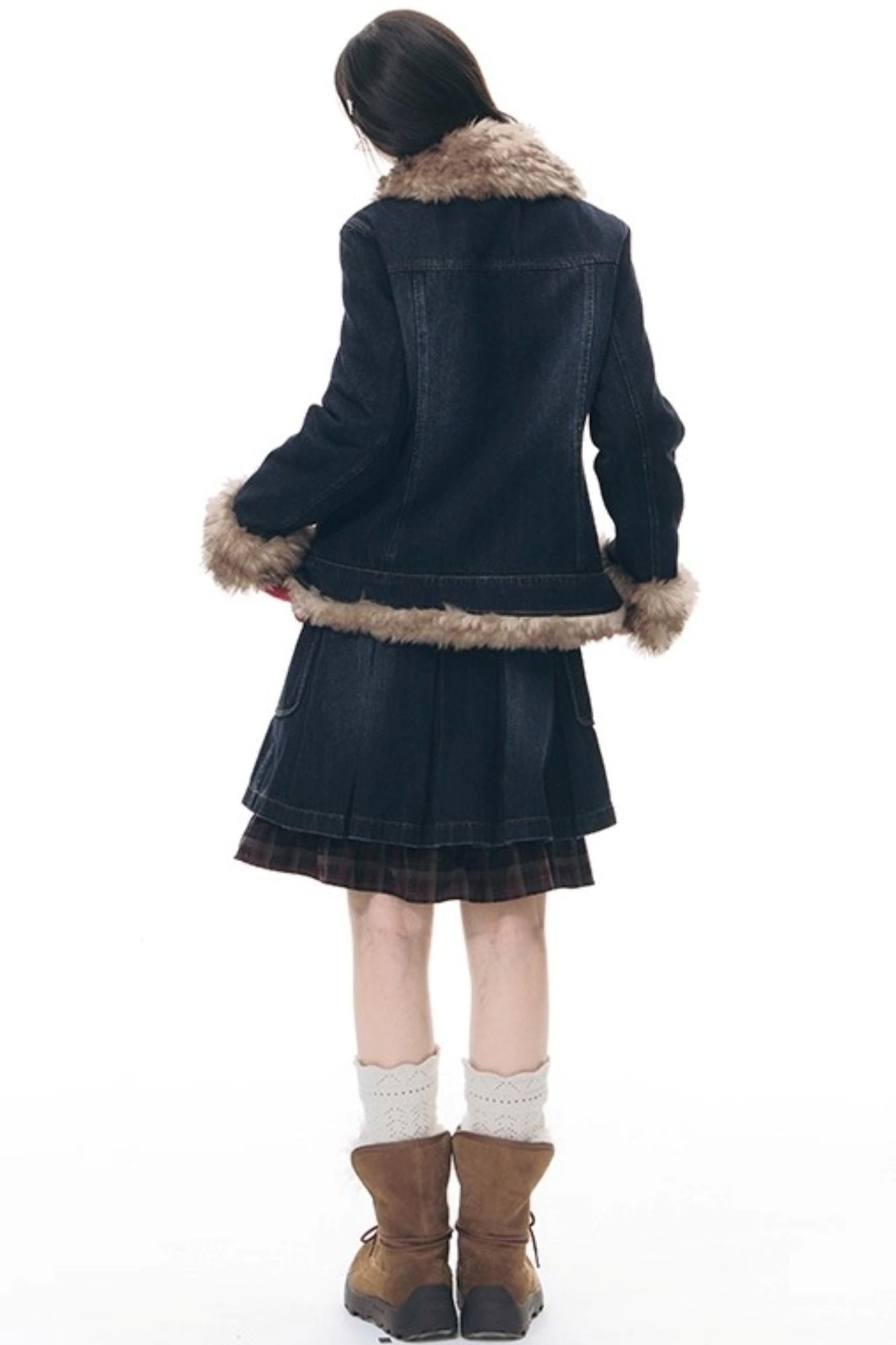 Fur Collar Denim Jacket + Skirt