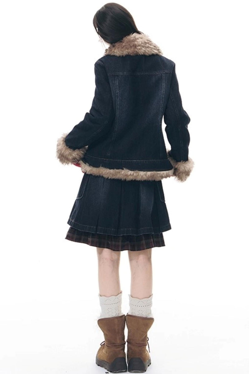 Fur Collar Denim Jacket + Skirt