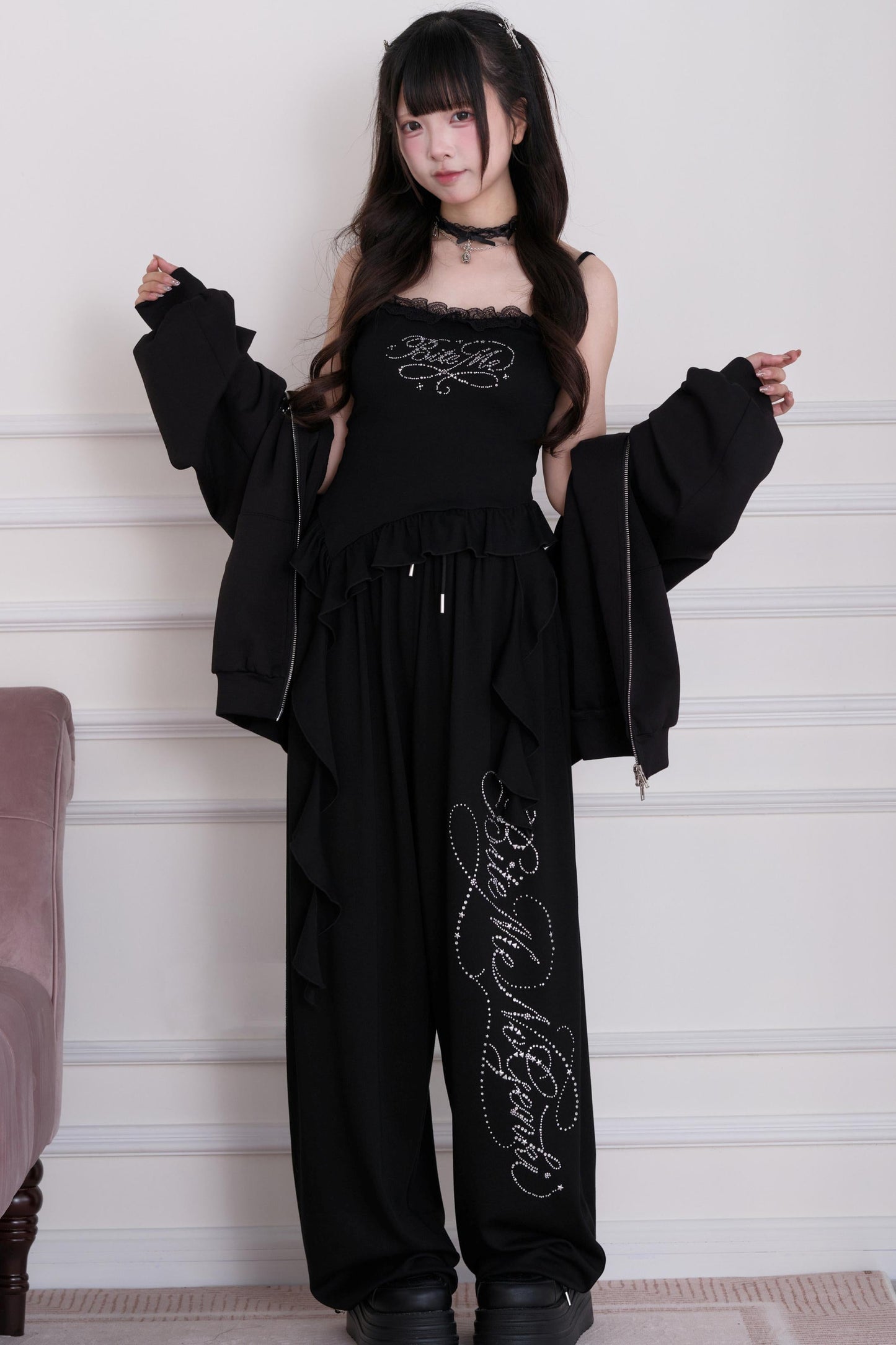 Lace Subculture Hooded Sweatshirt + Camisole + Shorts + Long Pants