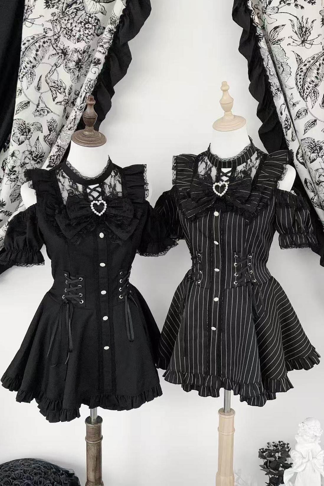 Black / Striped Gothic Lace Ribbon Dress Set