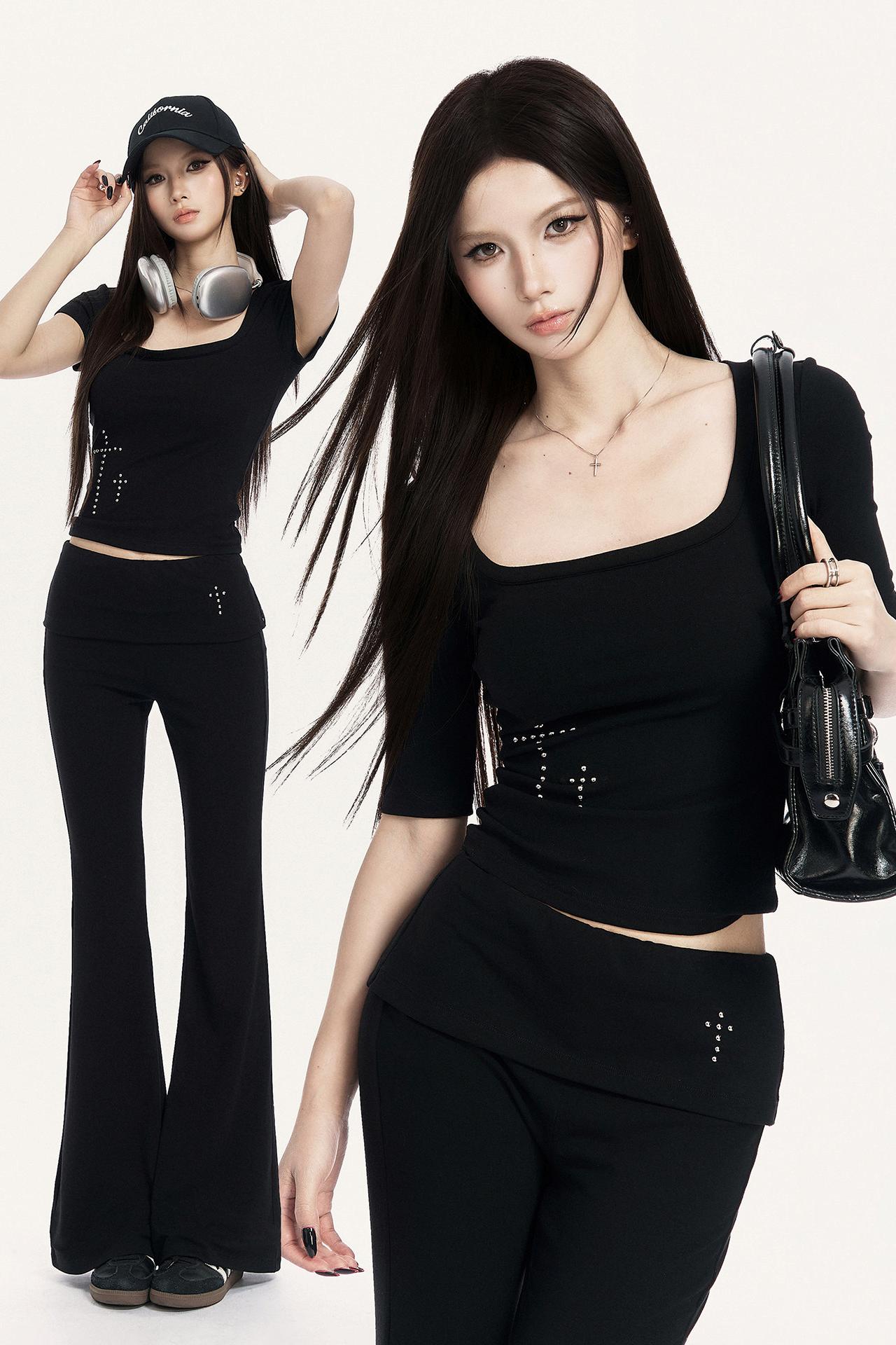 Cross Hot Studs Slim Top + Flare Pants