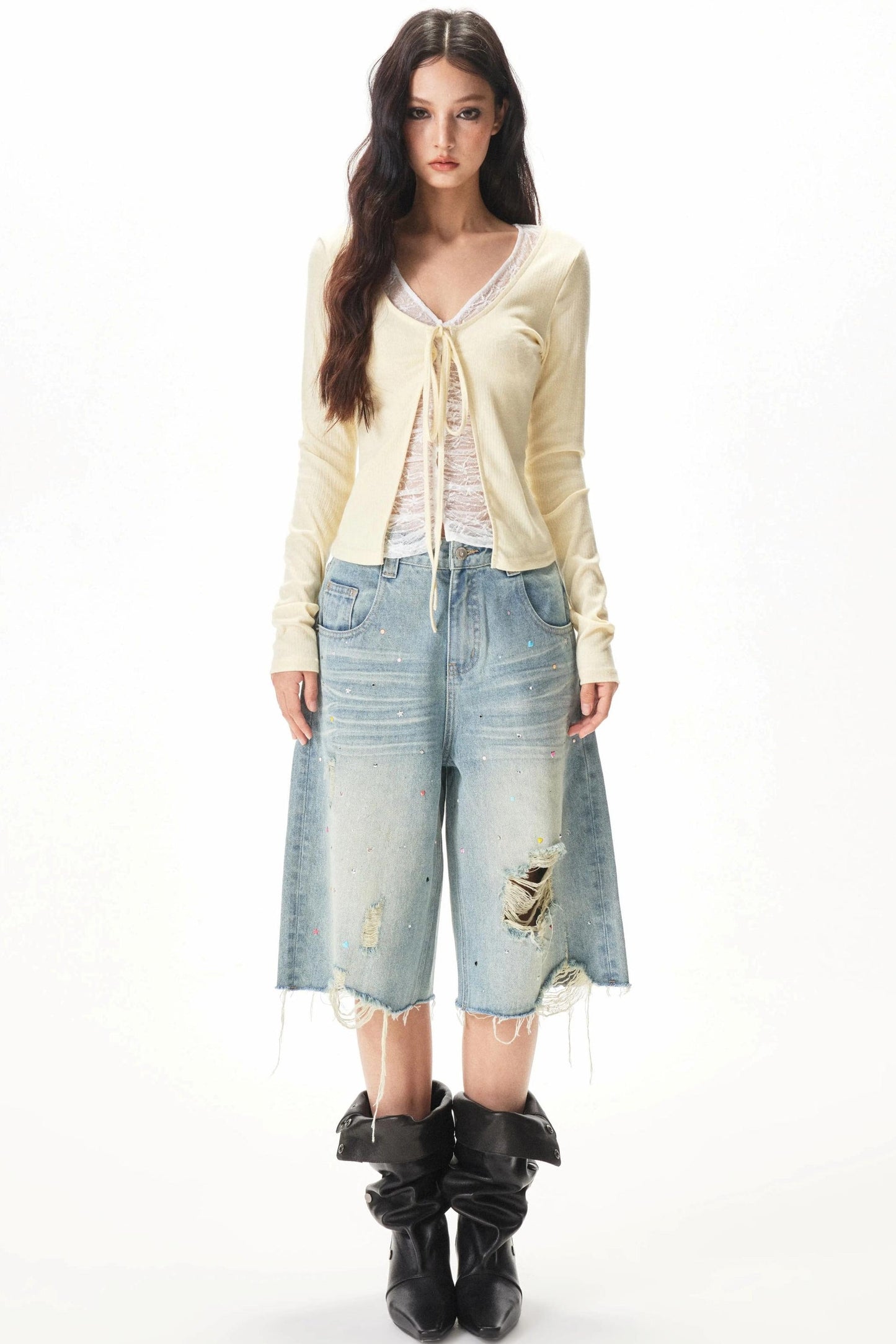 Fine Ribbed Knit Lace Blouse