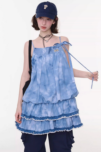 Tie-dye Blue Plaid Lace Dress