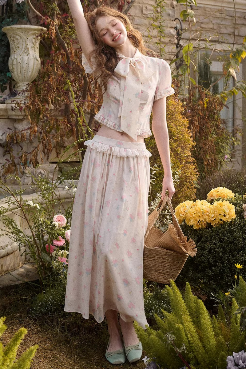 Mediterranean Print Chiffon Top + Skirt