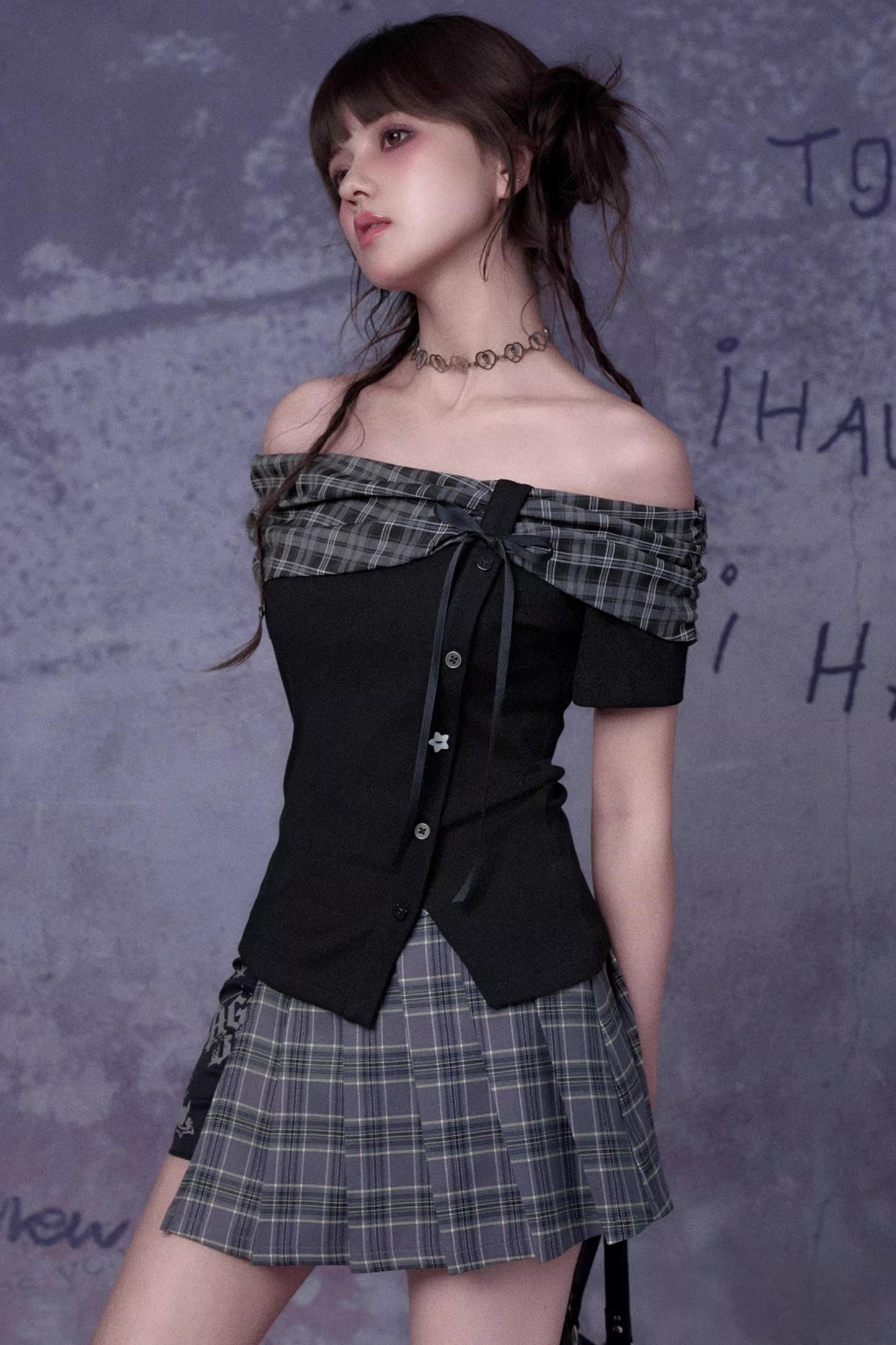 Plaid Graffiti Pleated Skirt + Top