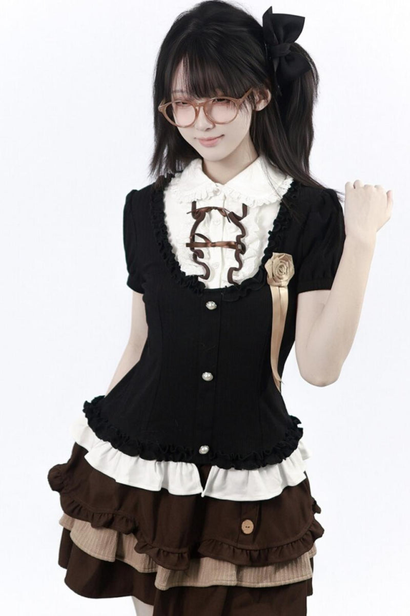 Rose Brown Lace Knit Top + Skirt