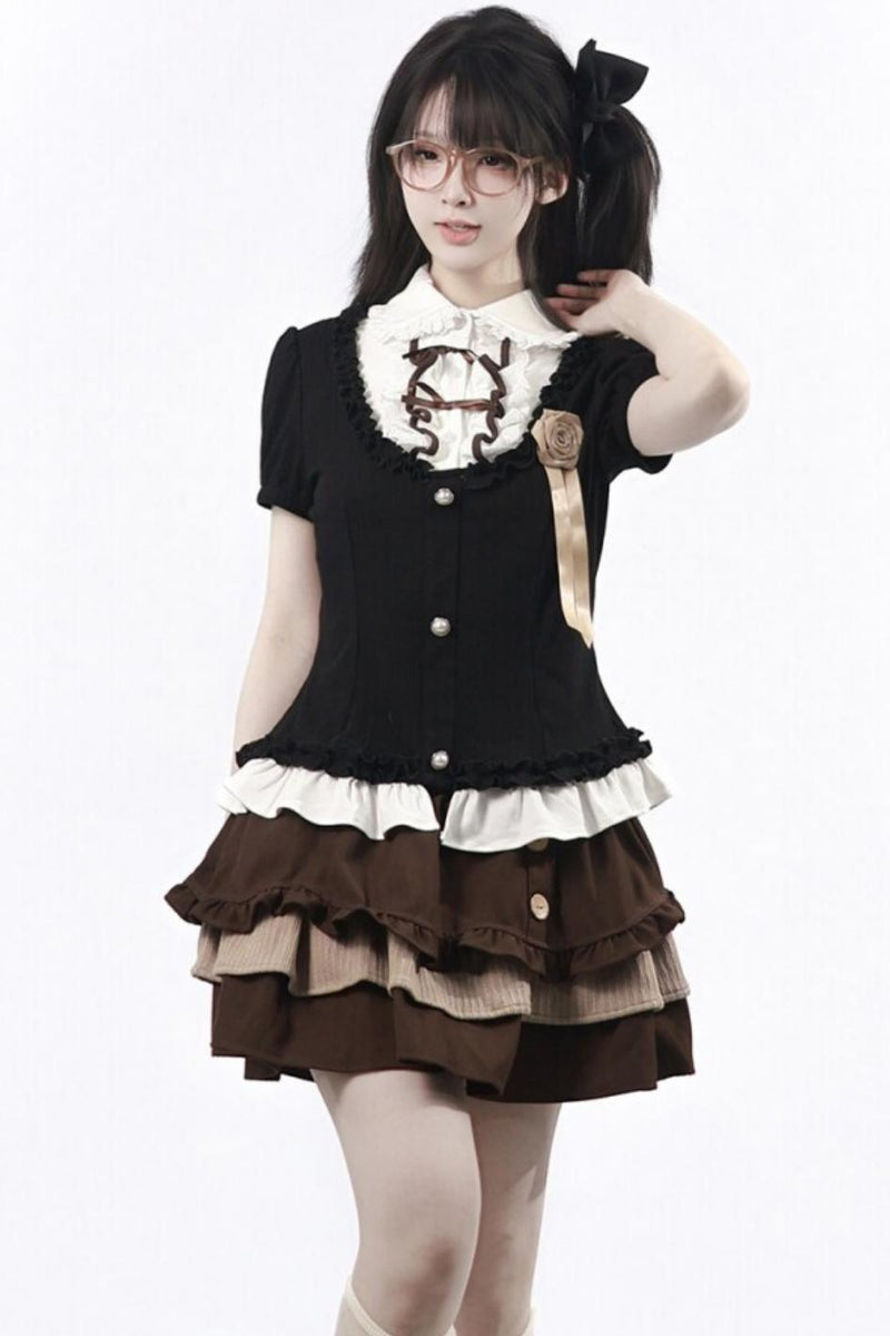 Rose Brown Lace Knit Top + Skirt