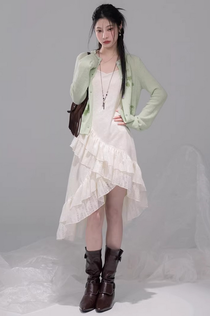 Asymmetrical Layered Ruffle Camisole Dress + Cardigan
