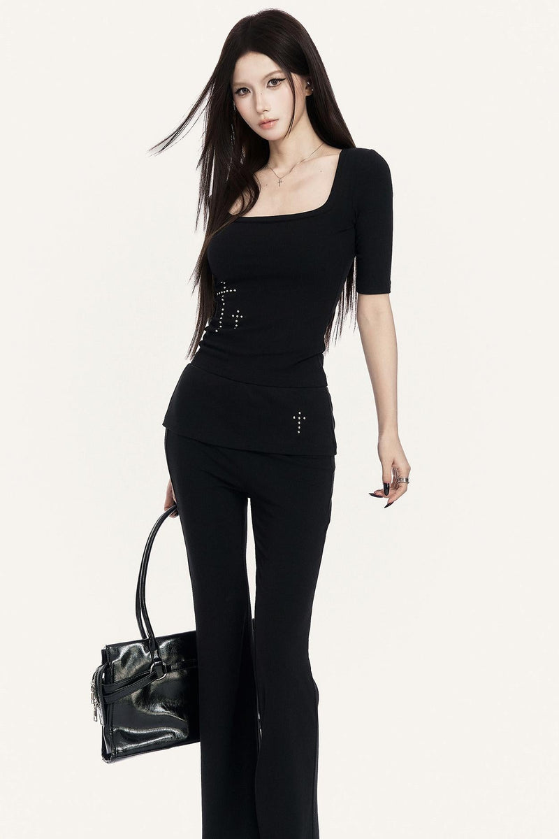 Cross Hot Studs Slim Top + Flare Pants