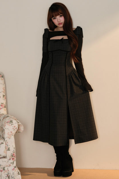 Black Top + Ribbon Shoulder Plaid Jsk Dress Set