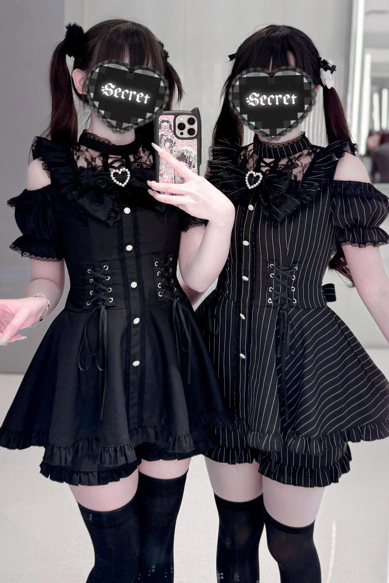 Black / Striped Gothic Lace Ribbon Dress Set
