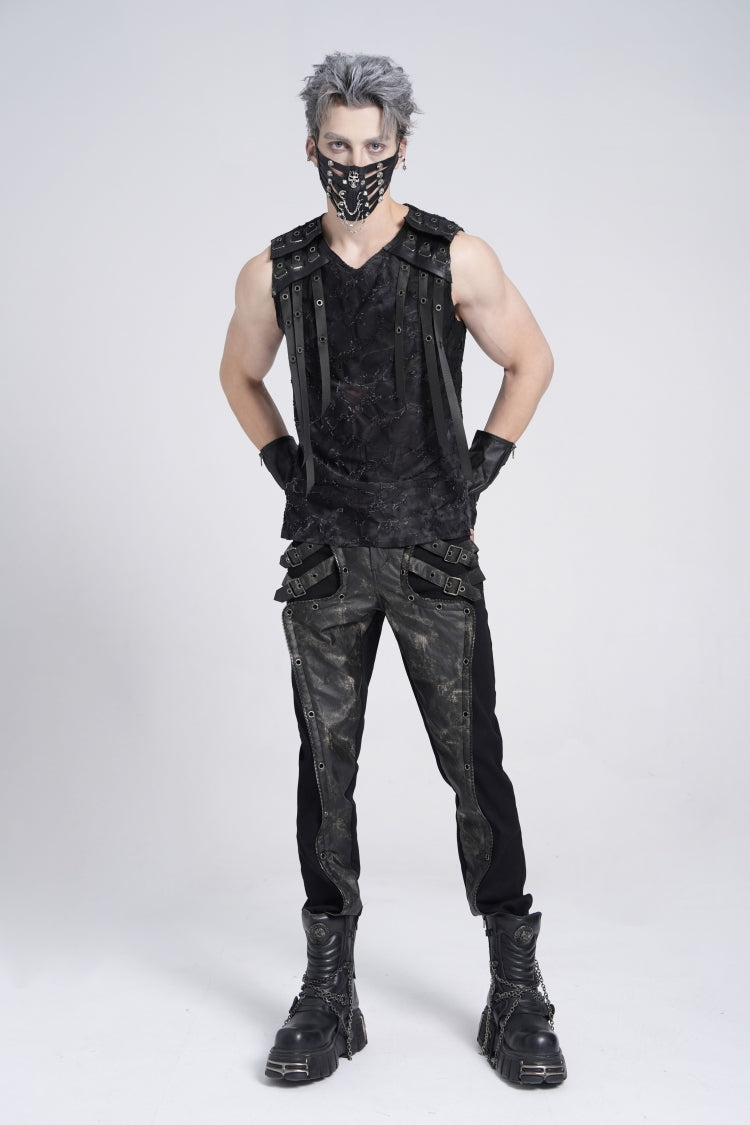 Black Sleeveless Eyelet Strap Distressed Gothic Vest