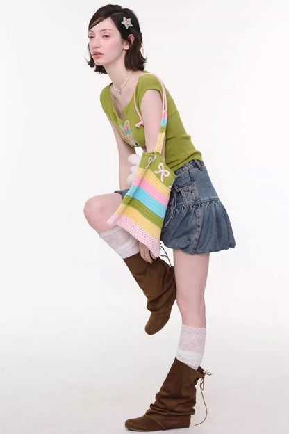 Green Rabbit Print V-neck Top