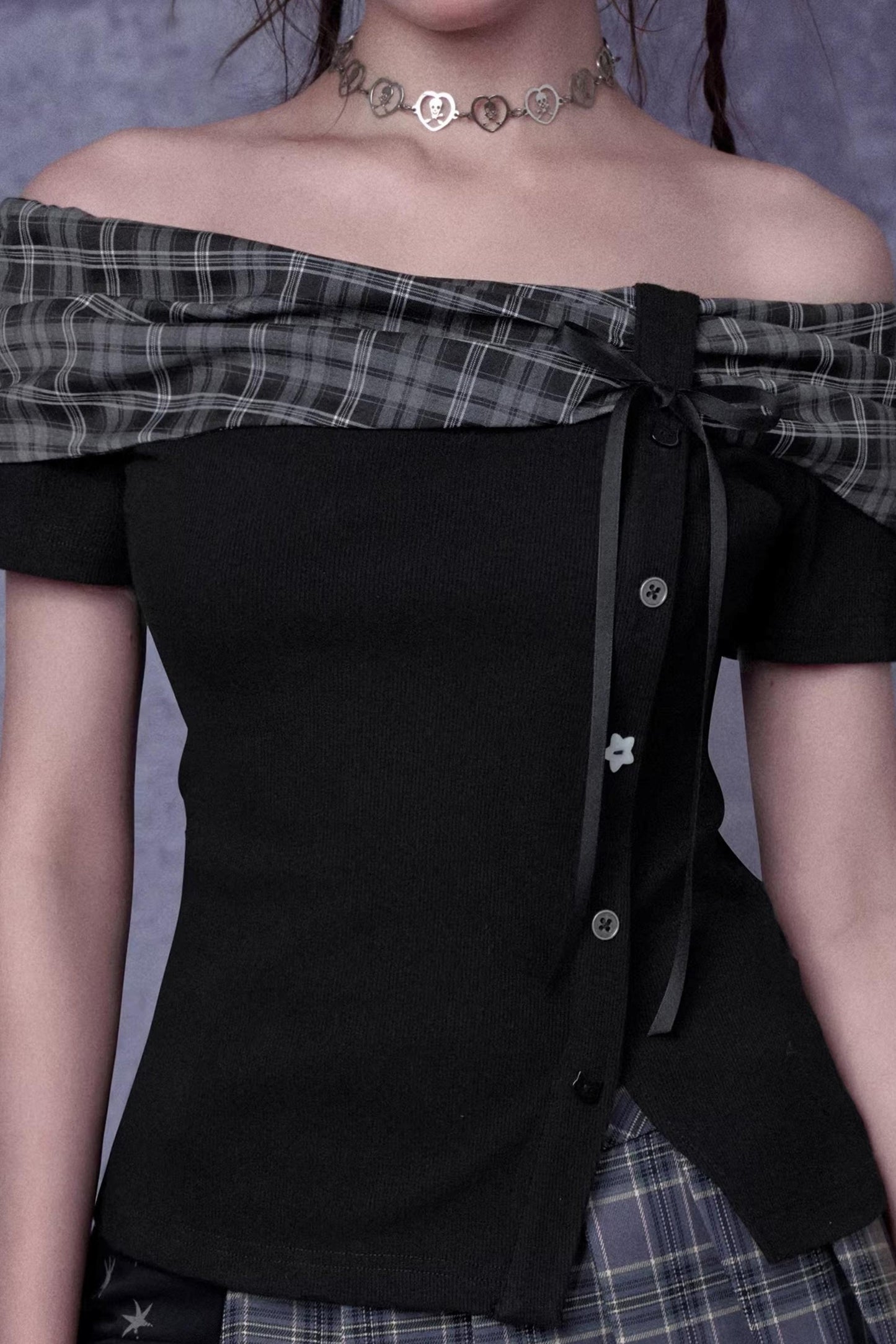 Pleated Bow Knot One-shoulder Top + Skirt