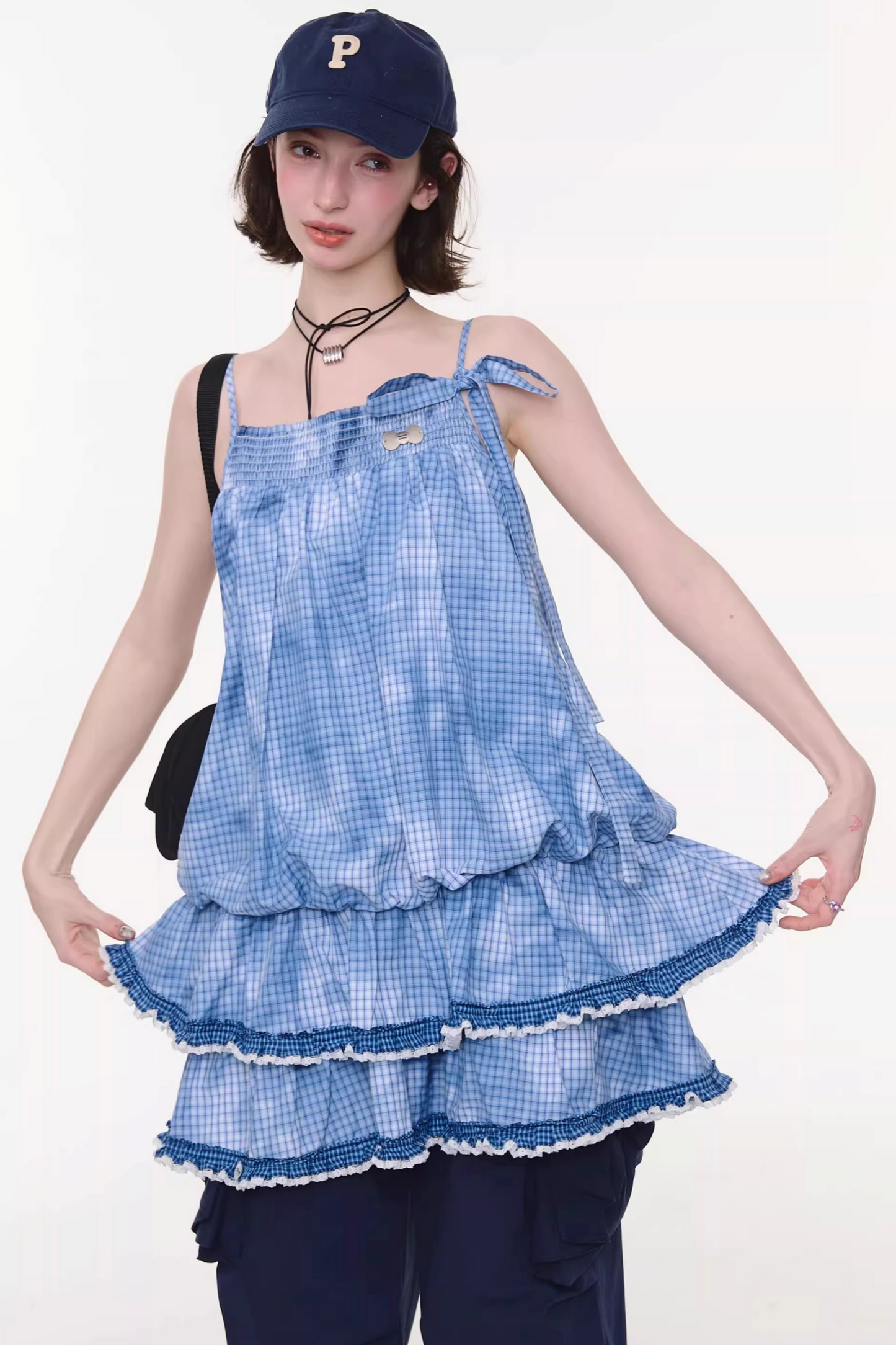 Tie-dye Blue Plaid Lace Dress