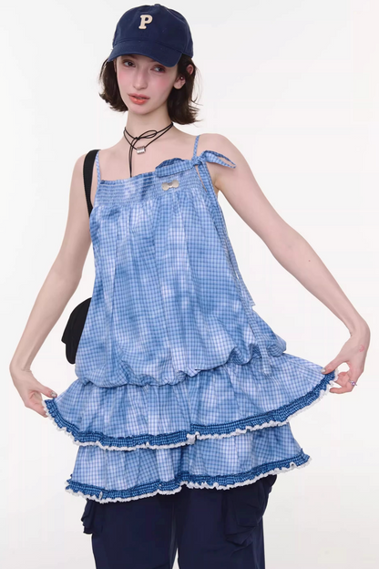 Tie-dye Blue Plaid Lace Dress