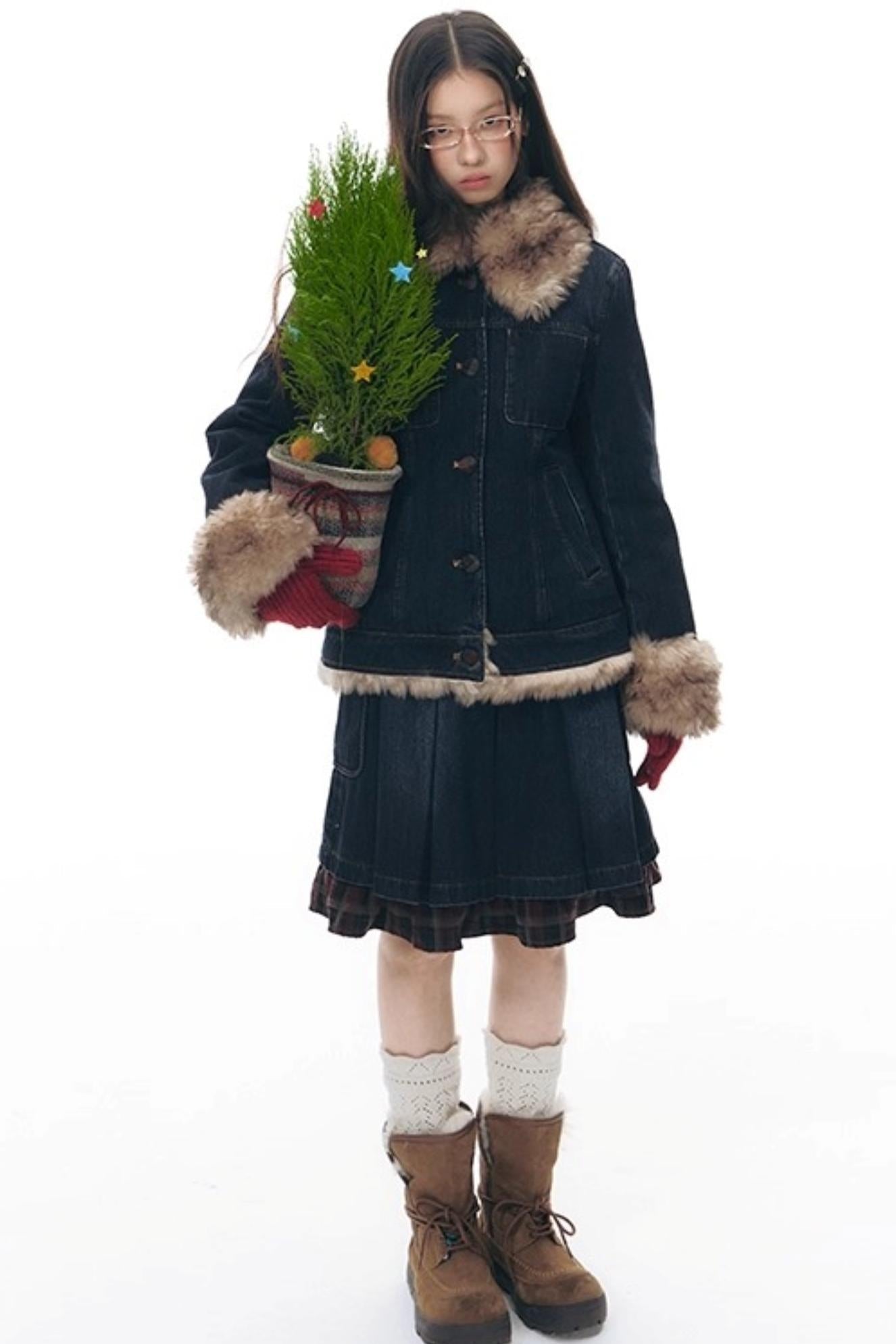 Fur Collar Denim Jacket + Skirt