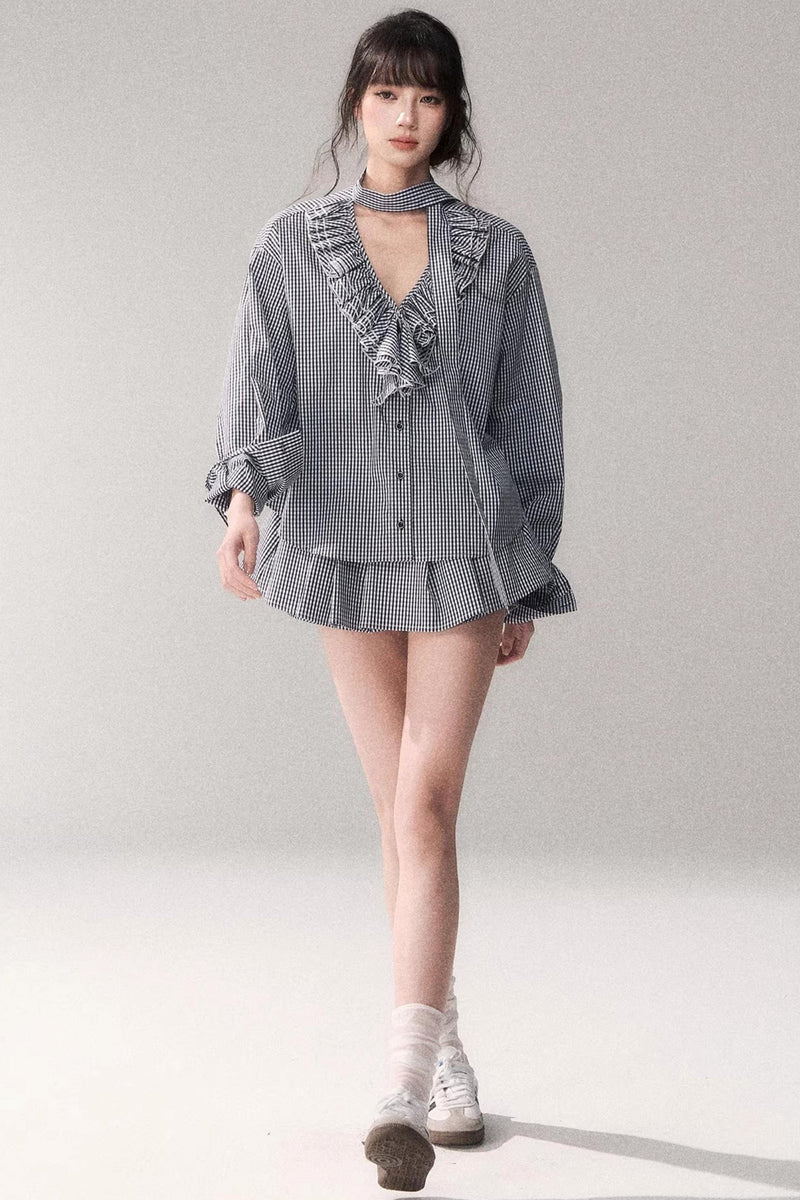 Blue Plaid Lace Blouse + Skirt