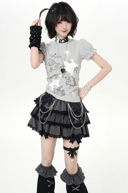 Starry Print Girly Puff Sleeve Top
