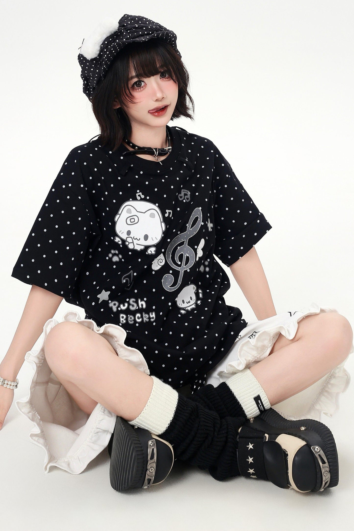Cat Print Dot Tie Collar Loose T-shirt