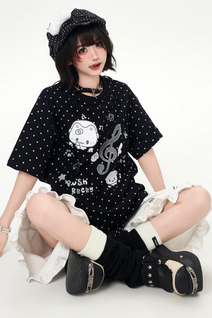 Cat Print Dot Tie Collar Loose T-shirt