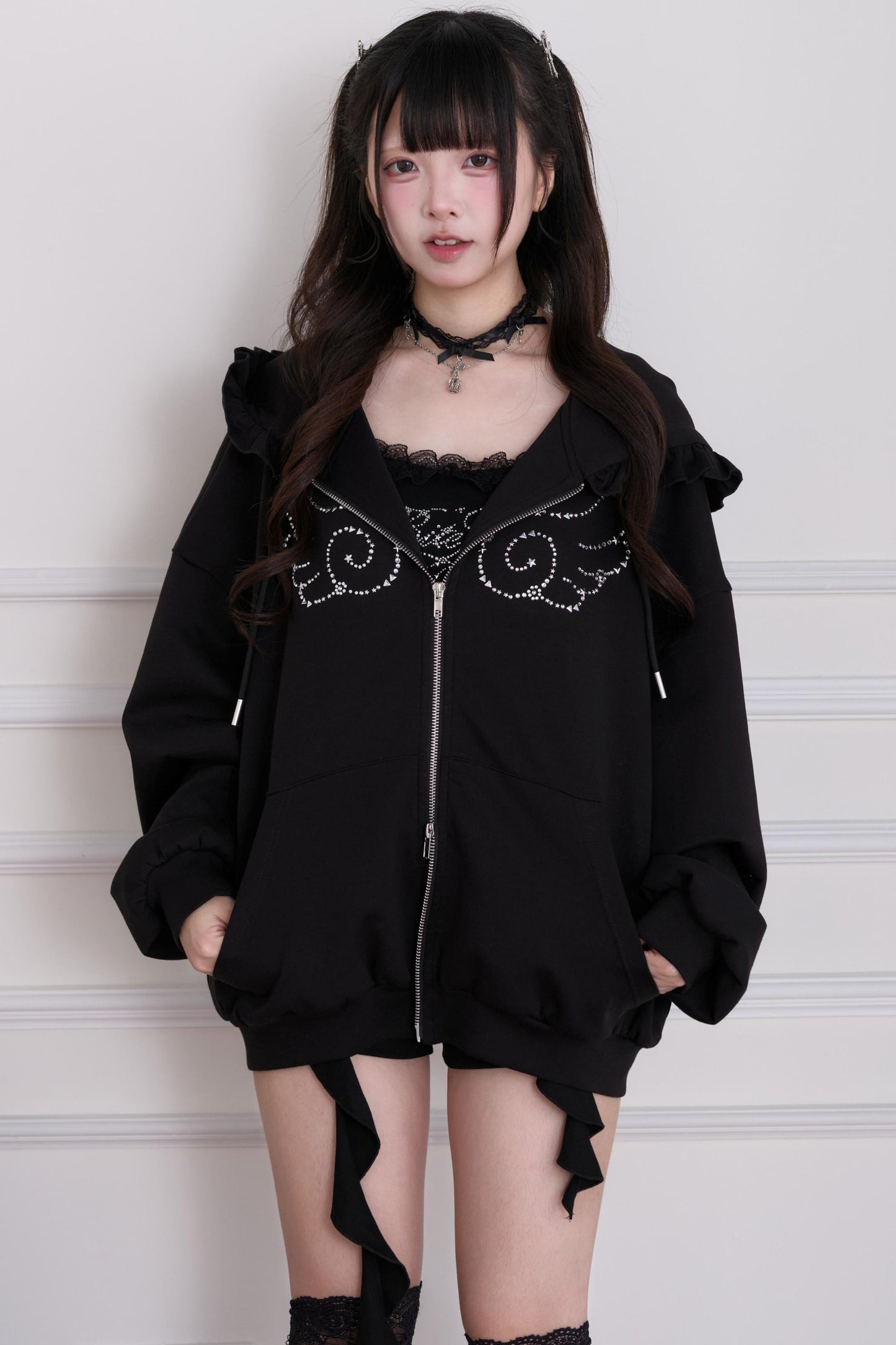 Lace Subculture Hooded Sweatshirt + Camisole + Shorts + Long Pants