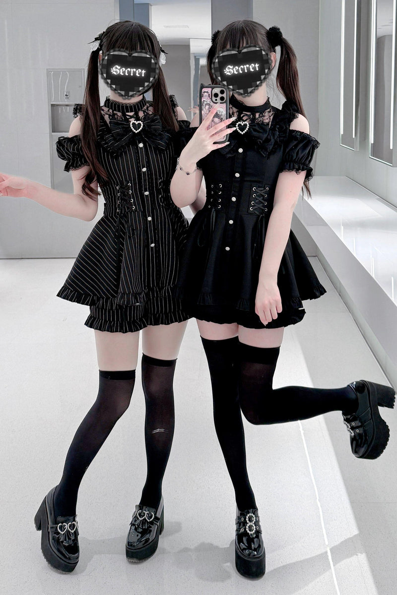 Black / Striped Gothic Lace Ribbon Dress Set