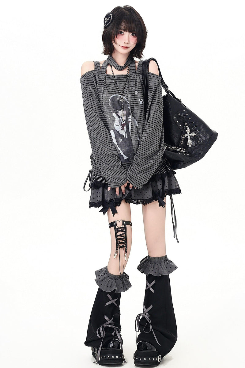 Stripe Off-shoulder Drawstring Loose Long T-shirt (with Stole)