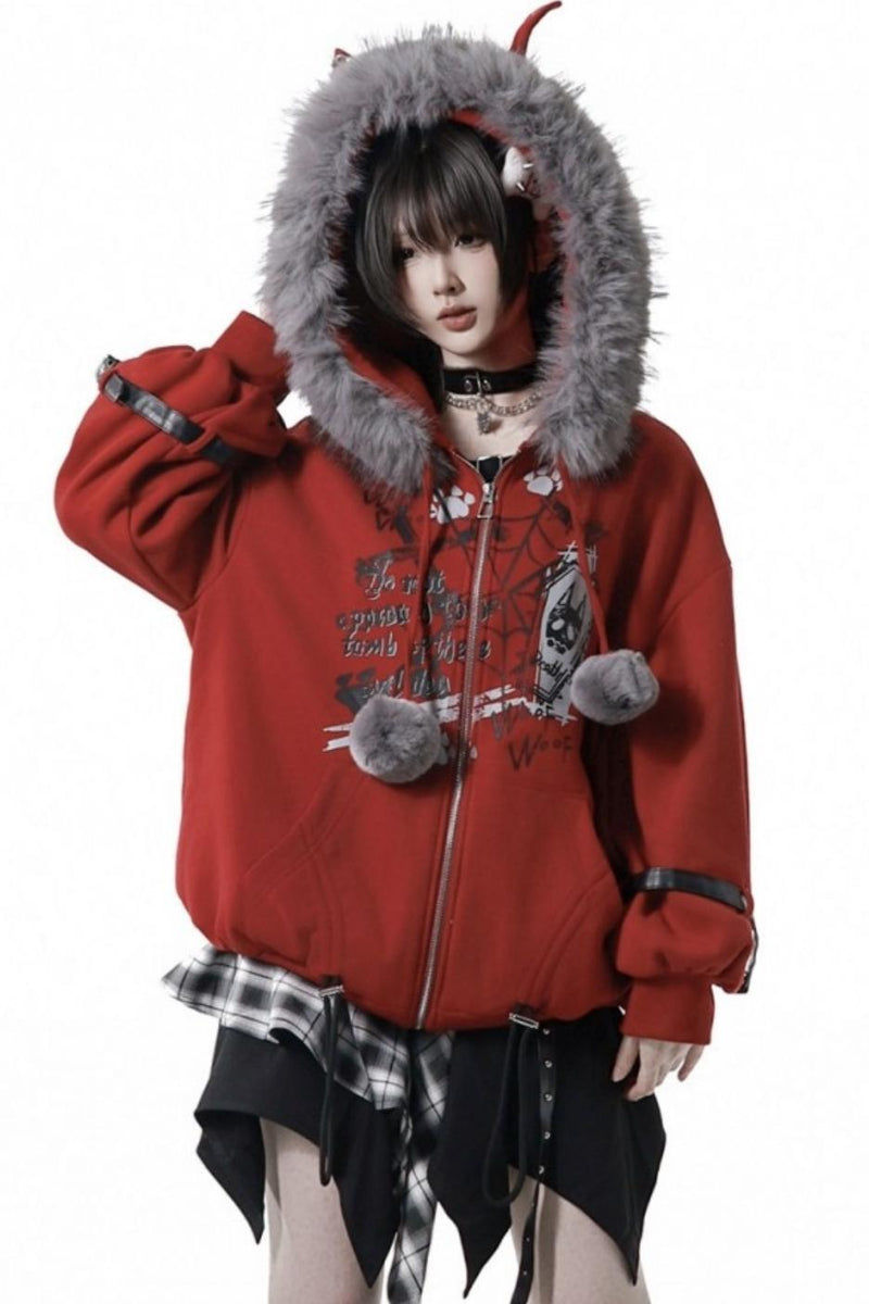 Red Fleece Jacket + Top + Skirt + Accessories
